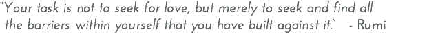“Your task is not to seek for love, but merely to seek and find all the barriers within yourself that you have built against it.” - Rumi 