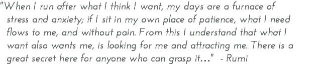 "When I run after what I think I want, my days are a furnace of stress and anxiety; if I sit in my own place of patience, what I need flows to me, and without pain. From this I understand that what I want also wants me, is looking for me and attracting me. There is a great secret here for anyone who can grasp it…" - Rumi 
